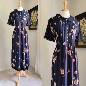 90s Seashell Rose Tie Waist Button Front Short Sleeve 1990s Vintage Midi Dress